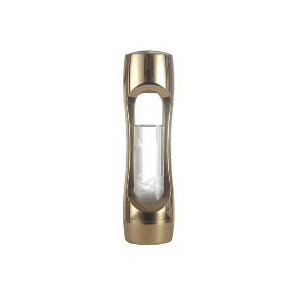 Image of a beautiful solid brass storm glass for sale. The storm glass has a sleek and modern shape, with a highly polished brass finish. It is filled with a clear liquid and has a precise scale along the side. This elegant and functional decorative item is designed to predict the weather and add style to any home or office. Perfect for gifts or personal use.